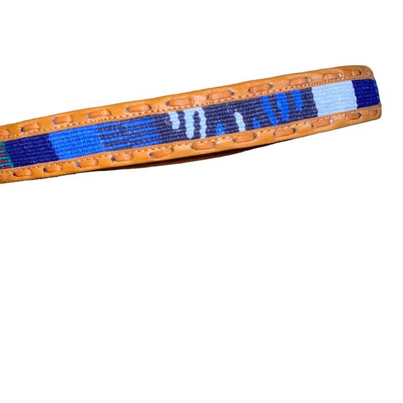 Stitched woven Genuine Leather retro boho indie Print Belt medium brown/blue main image 8